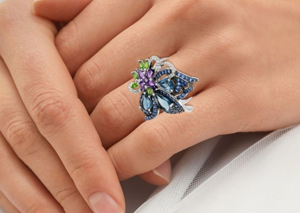 London Blue Topaz Ring BBJ 3.27 ctw Rhodium Over Sterling Silver Butterfly 5.75
